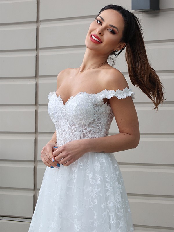 A-Line/Princess Tulle Applique Off-the-Shoulder Sleeveless Sweep/Brush Train Wedding Dresses 984