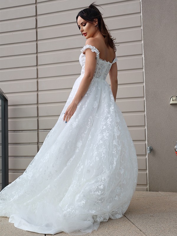 A-Line/Princess Tulle Applique Off-the-Shoulder Sleeveless Sweep/Brush Train Wedding Dresses 984