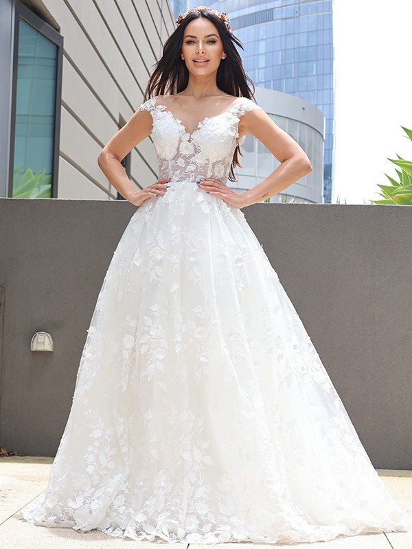 A-Line/Princess Tulle Applique V-neck Sleeveless Floor-Length Wedding Dresses 1024