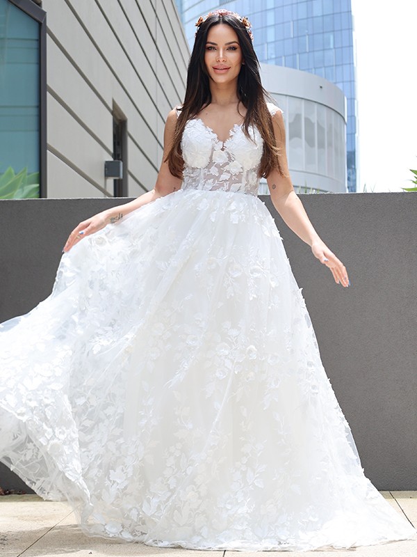 A-Line/Princess Tulle Applique V-neck Sleeveless Floor-Length Wedding Dresses 1024