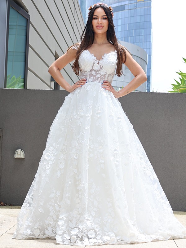 A-Line/Princess Tulle Applique V-neck Sleeveless Floor-Length Wedding Dresses 1024