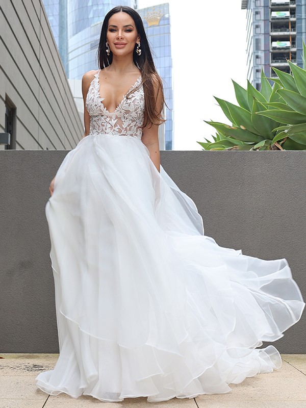 A-Line/Princess Lace Ruffles V-neck Sleeveless Sweep/Brush Train Wedding Dresses 736