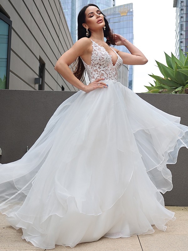 A-Line/Princess Lace Ruffles V-neck Sleeveless Sweep/Brush Train Wedding Dresses 736