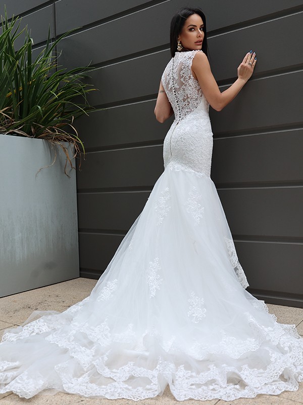 Trumpet/Mermaid Tulle Lace V-neck Sleeveless Sweep/Brush Train Wedding Dresses 1731