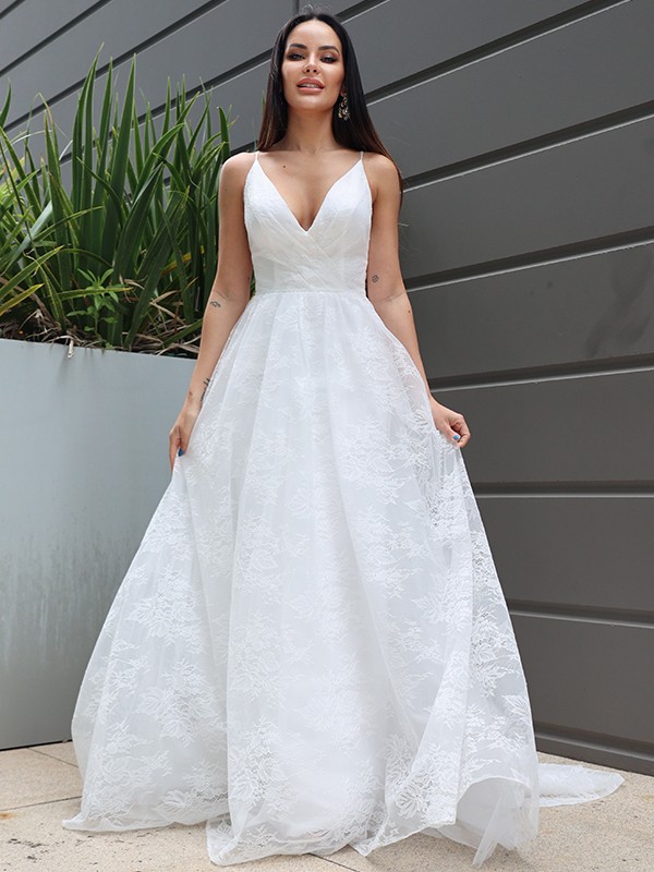 A-Line/Princess Lace Ruched V-neck Sleeveless Sweep/Brush Train Wedding Dresses 725