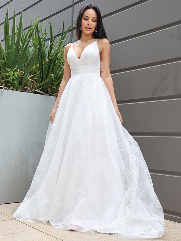 A-Line/Princess Lace Ruched V-neck Sleeveless Sweep/Brush Train Wedding Dresses 725