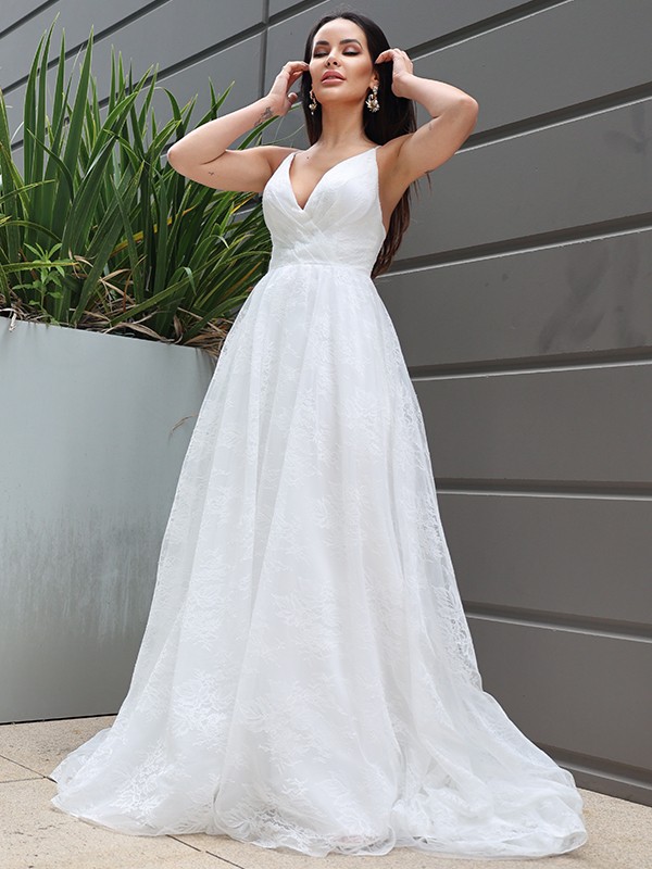 A-Line/Princess Lace Ruched V-neck Sleeveless Sweep/Brush Train Wedding Dresses 725