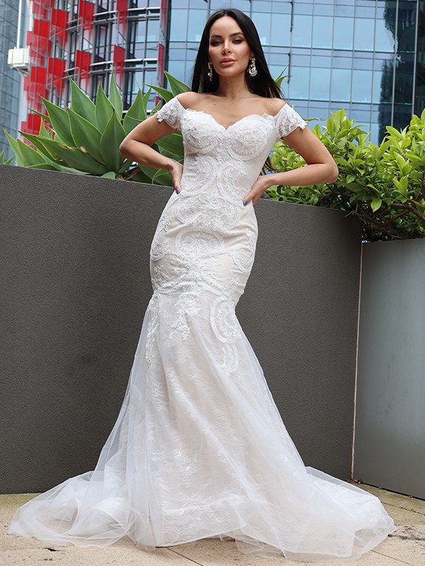 Trumpet/Mermaid Tulle Applique Off-the-Shoulder Sleeveless Sweep/Brush Train Wedding Dresses 1709