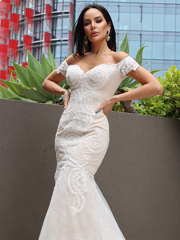 Trumpet/Mermaid Tulle Applique Off-the-Shoulder Sleeveless Sweep/Brush Train Wedding Dresses 1709