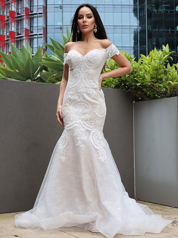 Trumpet/Mermaid Tulle Applique Off-the-Shoulder Sleeveless Sweep/Brush Train Wedding Dresses 1709