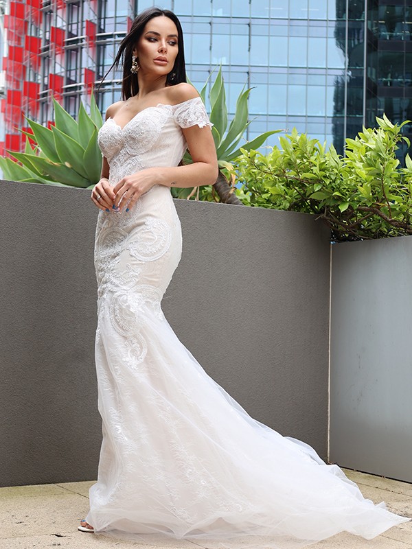 Trumpet/Mermaid Tulle Applique Off-the-Shoulder Sleeveless Sweep/Brush Train Wedding Dresses 1709