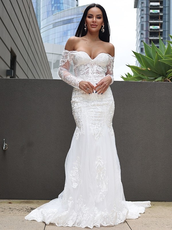 Trumpet/Mermaid Tulle Applique Off-the-Shoulder Long Sleeves Sweep/Brush Train Wedding Dresses 1704