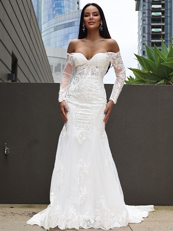 Trumpet/Mermaid Tulle Applique Off-the-Shoulder Long Sleeves Sweep/Brush Train Wedding Dresses 1704