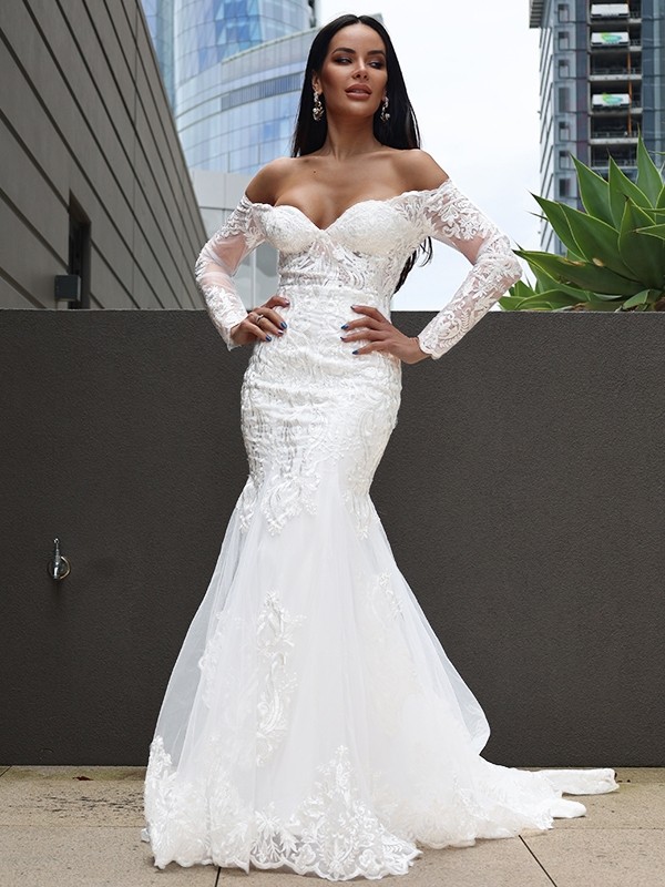 Trumpet/Mermaid Tulle Applique Off-the-Shoulder Long Sleeves Sweep/Brush Train Wedding Dresses 1704