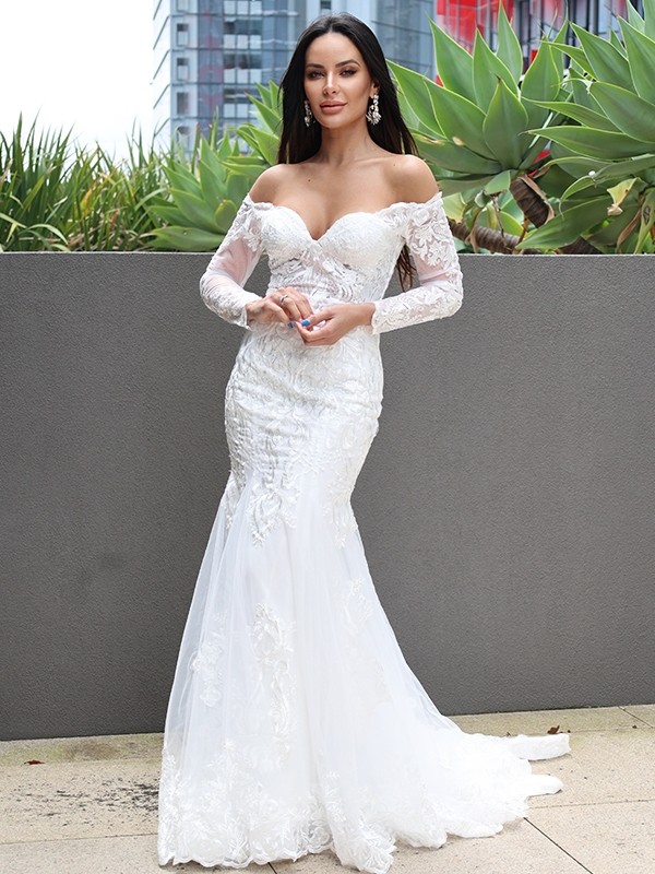 Trumpet/Mermaid Tulle Applique Off-the-Shoulder Long Sleeves Sweep/Brush Train Wedding Dresses 1704