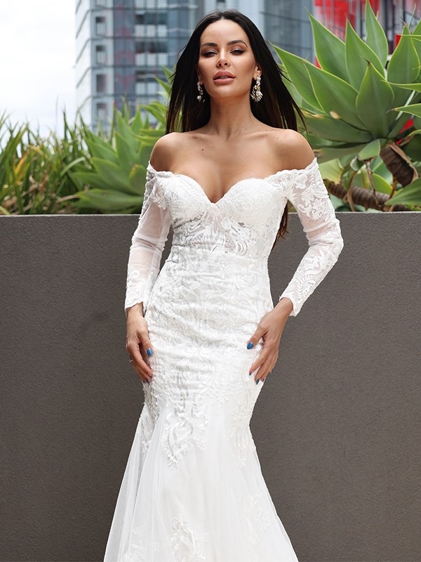 Trumpet/Mermaid Tulle Applique Off-the-Shoulder Long Sleeves Sweep/Brush Train Wedding Dresses 1704