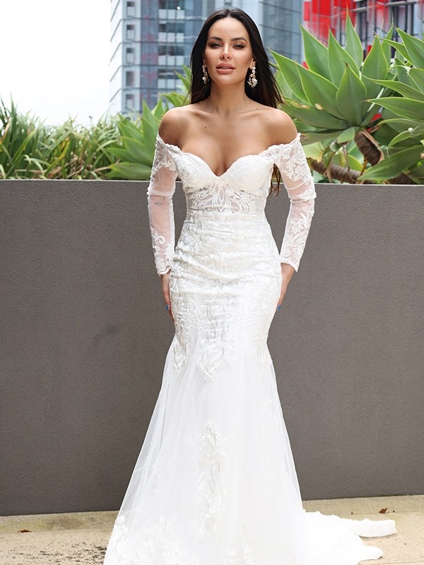 Trumpet/Mermaid Tulle Applique Off-the-Shoulder Long Sleeves Sweep/Brush Train Wedding Dresses 1704