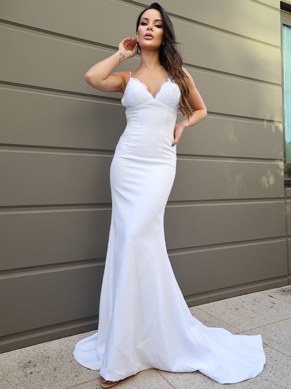 Sheath/Column Stretch Crepe Lace V-neck Sleeveless Sweep/Brush Train Wedding Dresses 1475