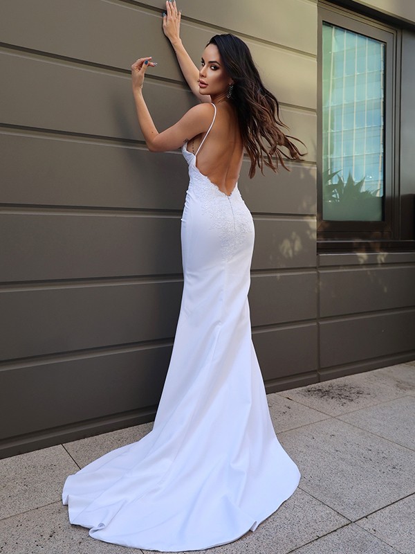 Sheath/Column Stretch Crepe Lace V-neck Sleeveless Sweep/Brush Train Wedding Dresses 1475