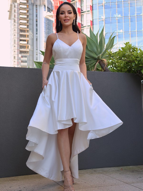 A-Line/Princess Satin Ruched V-neck Sleeveless Asymmetrical Wedding Dresses 825