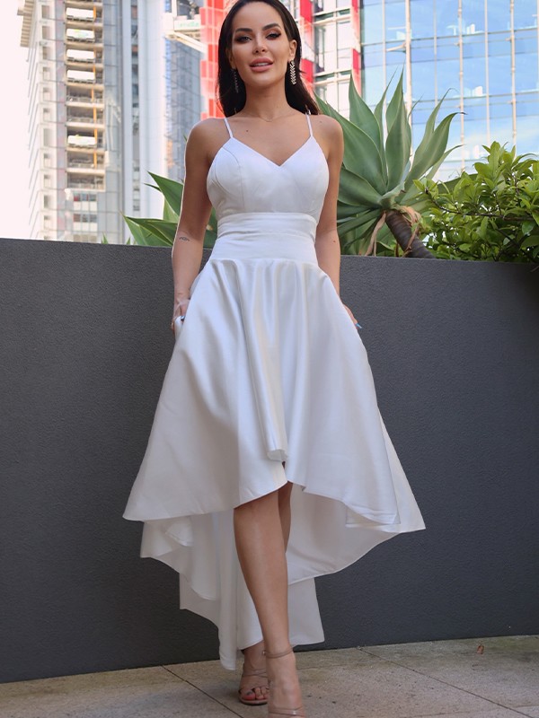 A-Line/Princess Satin Ruched V-neck Sleeveless Asymmetrical Wedding Dresses 825