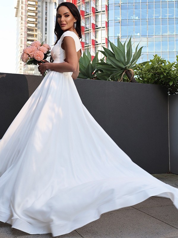 A-Line/Princess Stretch Crepe Ruffles V-neck Short Sleeves Sweep/Brush Train Wedding Dresses 947