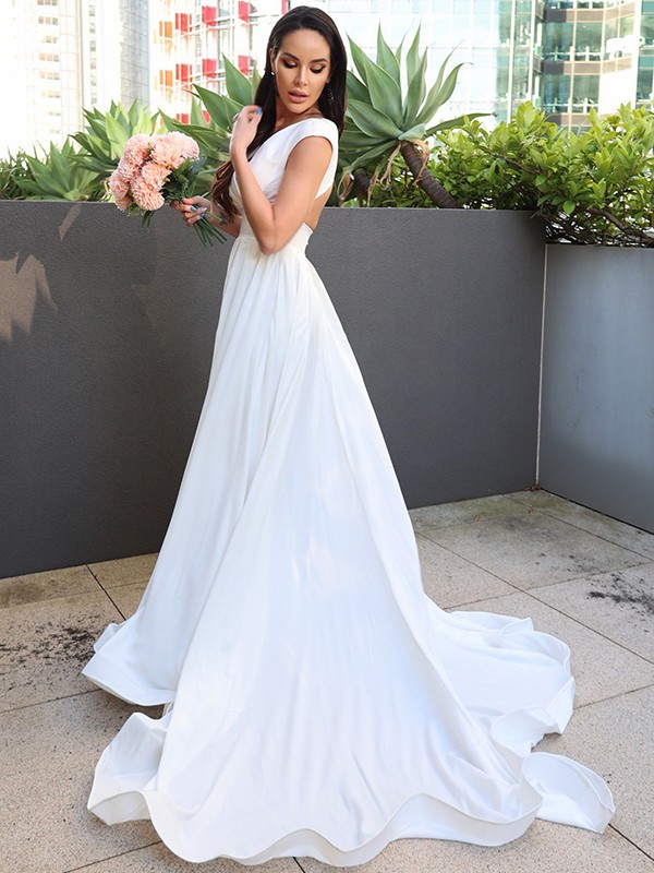 A-Line/Princess Stretch Crepe Ruffles V-neck Short Sleeves Sweep/Brush Train Wedding Dresses 947