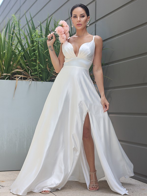 A-Line/Princess Silk like Satin Ruched V-neck Sleeveless Sweep/Brush Train Wedding Dresses 827