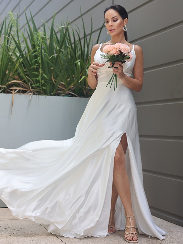 A-Line/Princess Silk like Satin Ruched V-neck Sleeveless Sweep/Brush Train Wedding Dresses 827