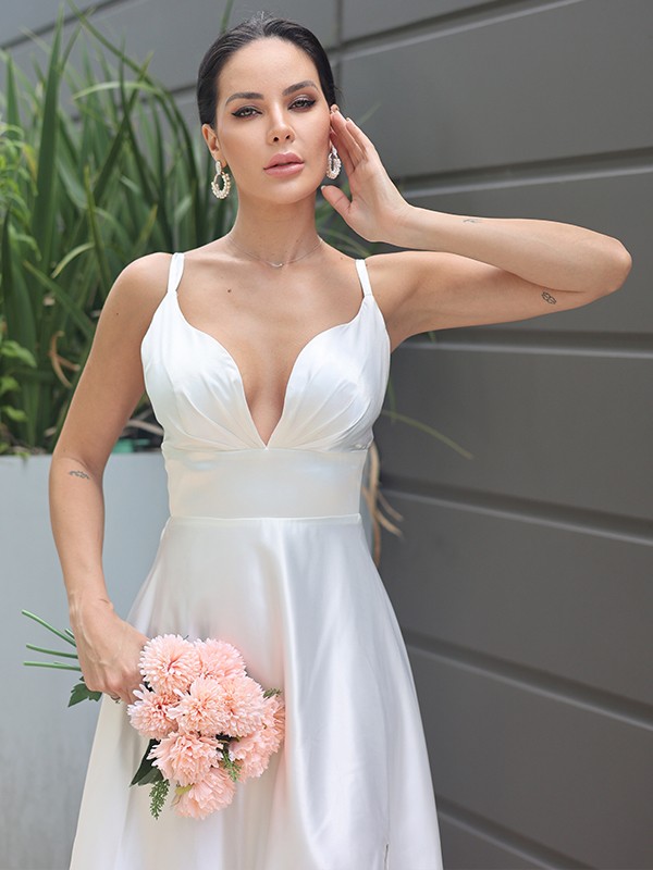 A-Line/Princess Silk like Satin Ruched V-neck Sleeveless Sweep/Brush Train Wedding Dresses 827