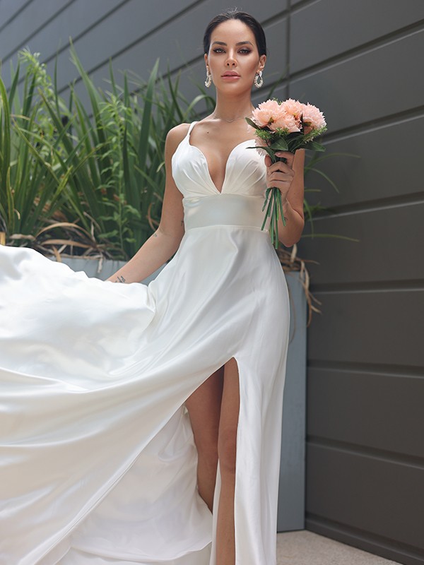 A-Line/Princess Silk like Satin Ruched V-neck Sleeveless Sweep/Brush Train Wedding Dresses 827