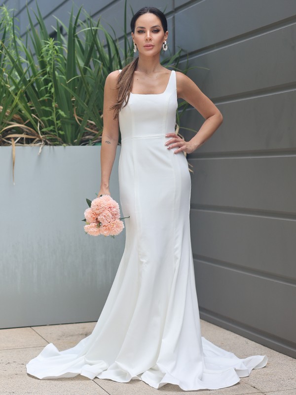 Sheath/Column Stretch Crepe Ruffles Straps Sleeveless Sweep/Brush Train Wedding Dresses 1513