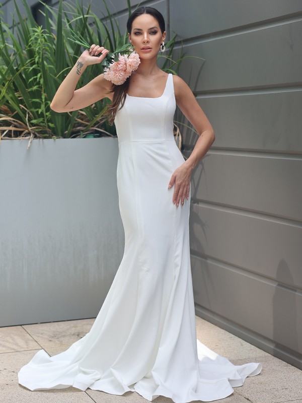 Sheath/Column Stretch Crepe Ruffles Straps Sleeveless Sweep/Brush Train Wedding Dresses 1513