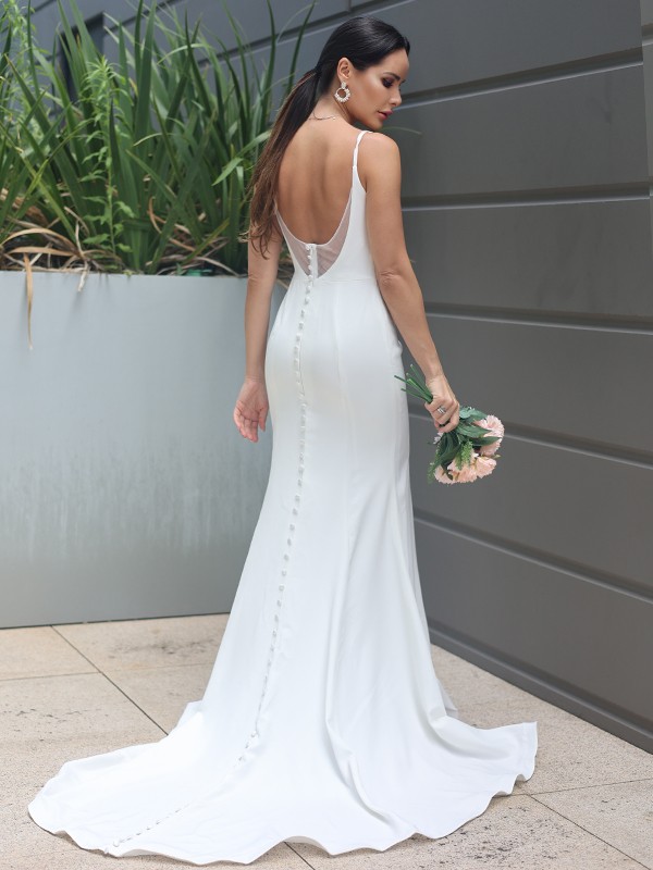 Sheath/Column Stretch Crepe Ruffles Straps Sleeveless Sweep/Brush Train Wedding Dresses 1513