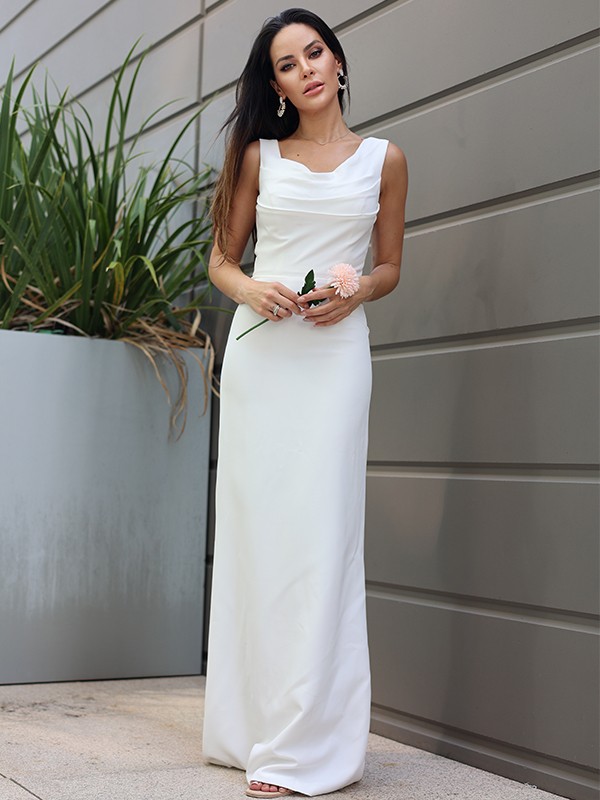 Sheath/Column Stretch Crepe Ruched Straps Sleeveless Floor-Length Wedding Dresses 1498