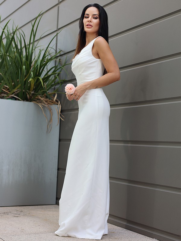 Sheath/Column Stretch Crepe Ruched Straps Sleeveless Floor-Length Wedding Dresses 1498