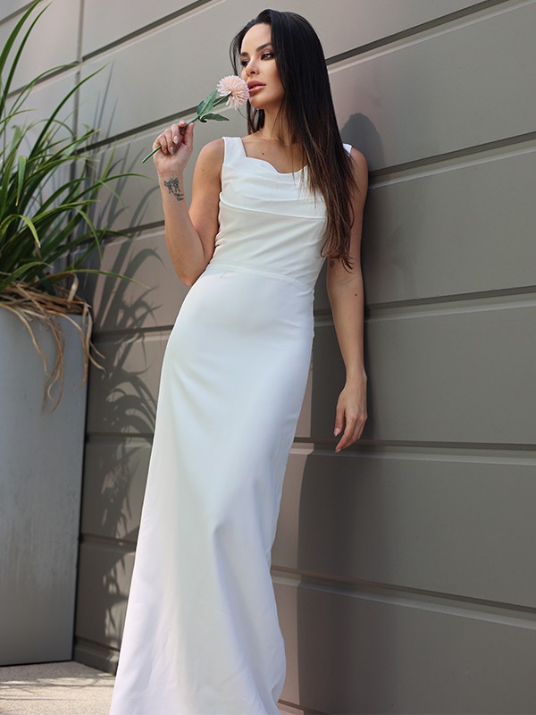 Sheath/Column Stretch Crepe Ruched Straps Sleeveless Floor-Length Wedding Dresses 1498