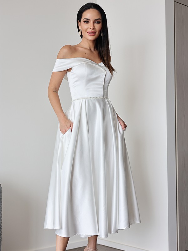 A-Line/Princess Satin Ruffles Off-the-Shoulder Sleeveless Tea-Length Wedding Dresses 836