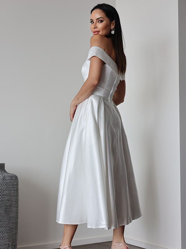 A-Line/Princess Satin Ruffles Off-the-Shoulder Sleeveless Tea-Length Wedding Dresses 836