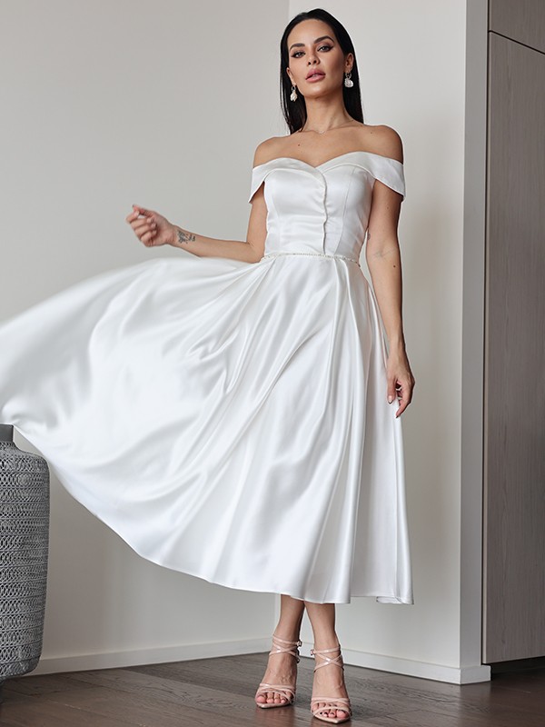 A-Line/Princess Satin Ruffles Off-the-Shoulder Sleeveless Tea-Length Wedding Dresses 836