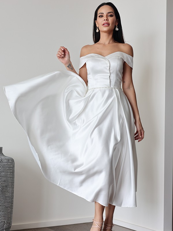 A-Line/Princess Satin Ruffles Off-the-Shoulder Sleeveless Tea-Length Wedding Dresses 836