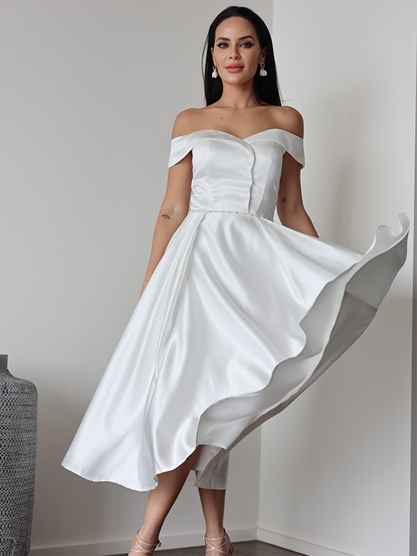 A-Line/Princess Satin Ruffles Off-the-Shoulder Sleeveless Tea-Length Wedding Dresses 836