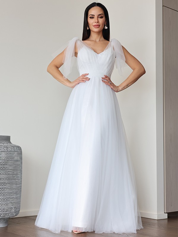 A-Line/Princess Tulle Ruffles V-neck Sleeveless Floor-Length Wedding Dresses 1096