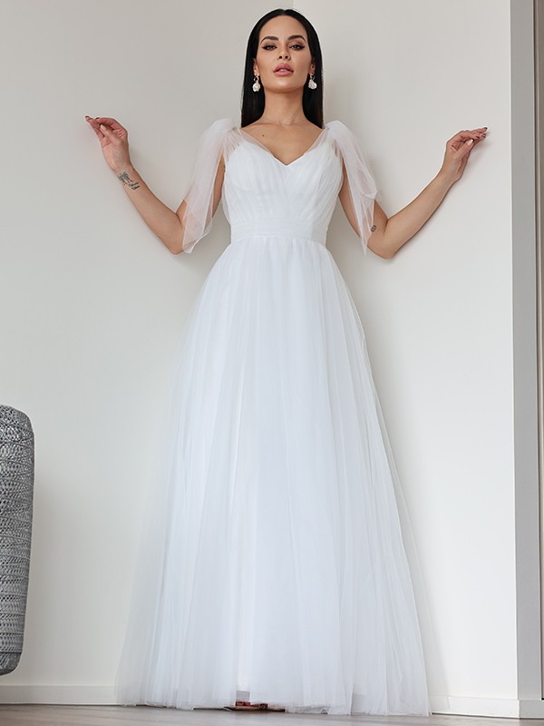 A-Line/Princess Tulle Ruffles V-neck Sleeveless Floor-Length Wedding Dresses 1096