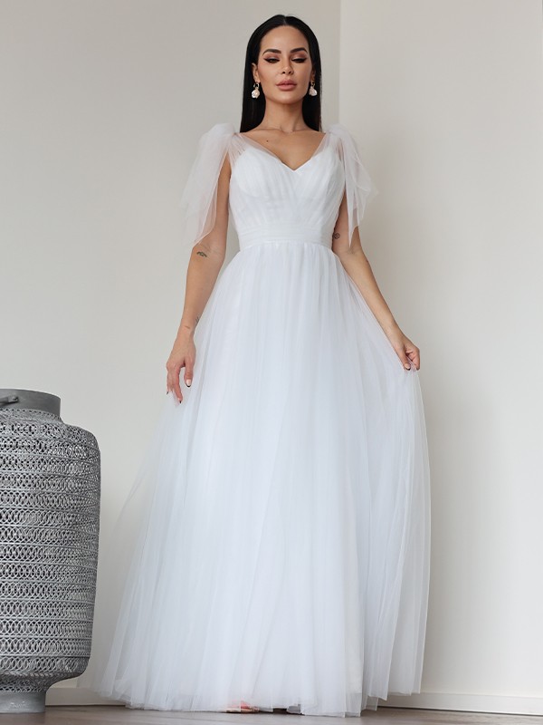 A-Line/Princess Tulle Ruffles V-neck Sleeveless Floor-Length Wedding Dresses 1096