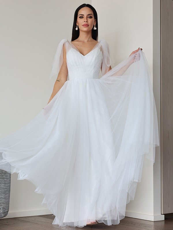 A-Line/Princess Tulle Ruffles V-neck Sleeveless Floor-Length Wedding Dresses 1096