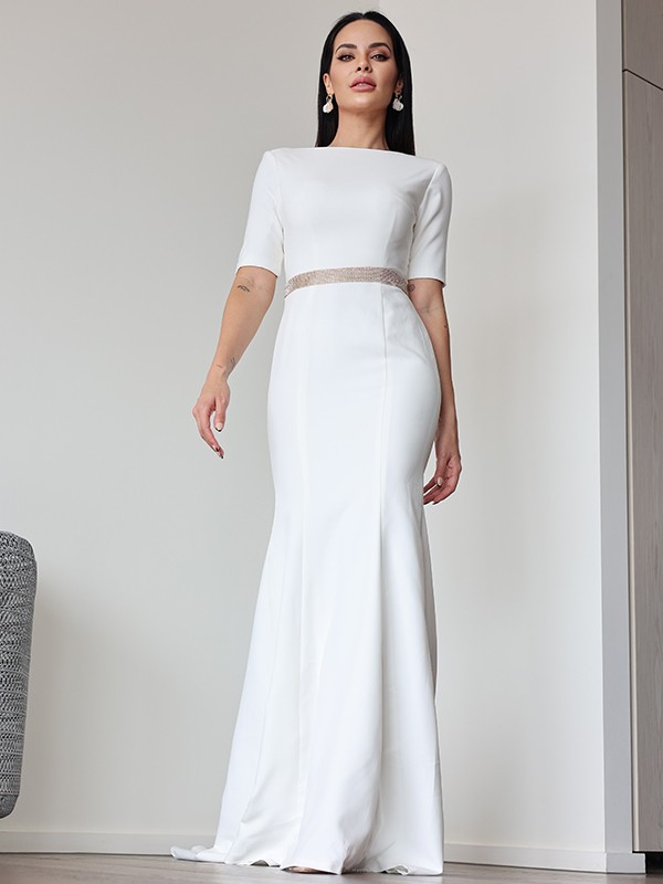 Sheath/Column Stretch Crepe Ruched Scoop 1/2 Sleeves Sweep/Brush Train Wedding Dresses 1489