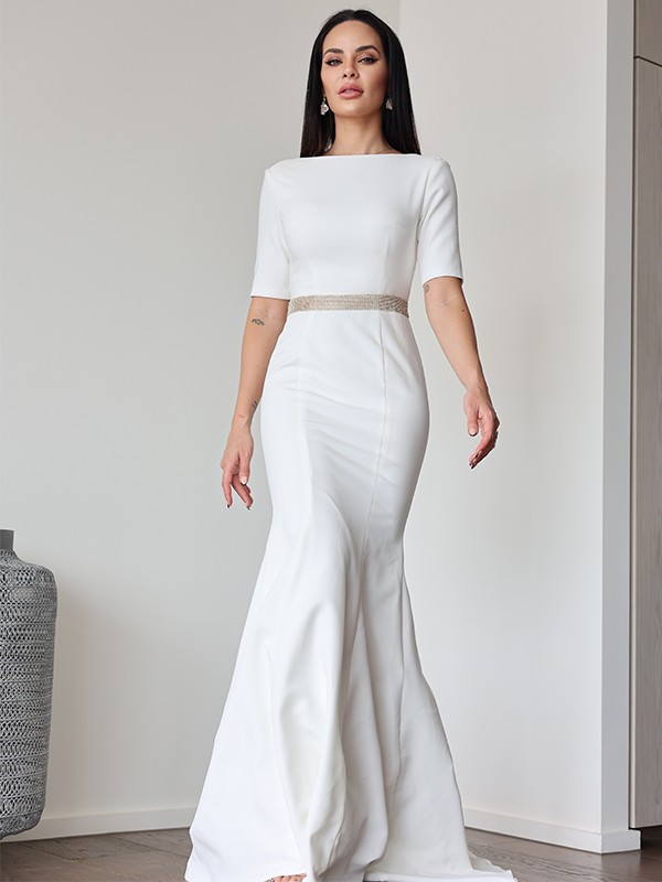 Sheath/Column Stretch Crepe Ruched Scoop 1/2 Sleeves Sweep/Brush Train Wedding Dresses 1489