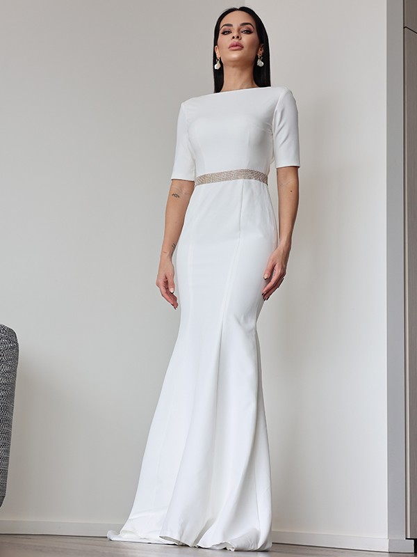 Sheath/Column Stretch Crepe Ruched Scoop 1/2 Sleeves Sweep/Brush Train Wedding Dresses 1489