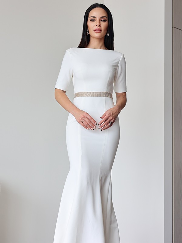 Sheath/Column Stretch Crepe Ruched Scoop 1/2 Sleeves Sweep/Brush Train Wedding Dresses 1489